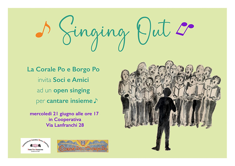 Locandina "Singing Out", open singin della Corale in Cooperativa 21 giugno 2023 Festa della Musica